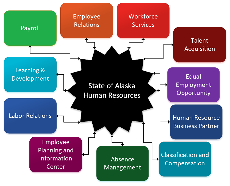 Employee Relations, Recruitment, Equal Employment Opportunity, Human Resources Business Parter, Employee Planning and Information Center, Labor Relations, Learning & Development, Payroll, State of Alaska Human Resources